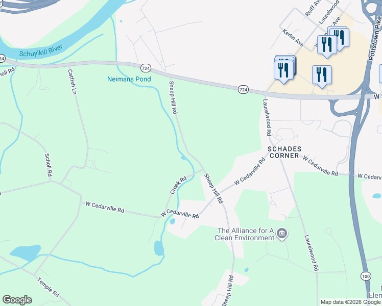 map of restaurants, bars, coffee shops, grocery stores, and more near 924 Sheep Hill Road in Pottstown