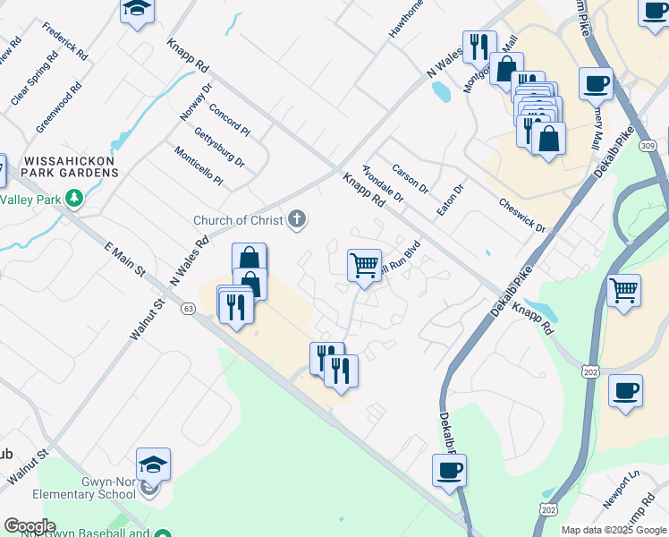 map of restaurants, bars, coffee shops, grocery stores, and more near 4903 Congress Court in North Wales