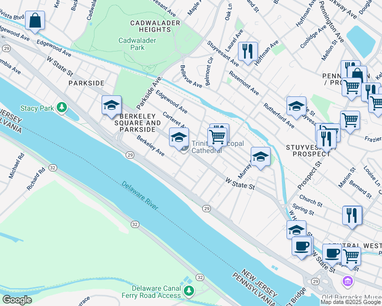 map of restaurants, bars, coffee shops, grocery stores, and more near West State Street & North Overbrook Avenue in Trenton