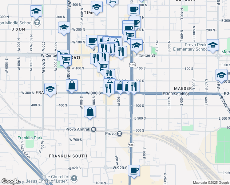 map of restaurants, bars, coffee shops, grocery stores, and more near 128 West 300 South in Provo