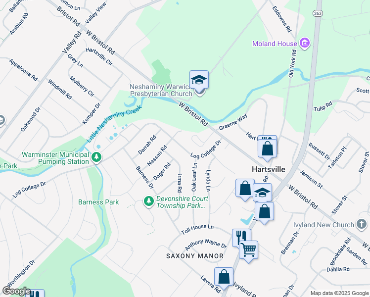 map of restaurants, bars, coffee shops, grocery stores, and more near 1202 Log College Drive in Warminster