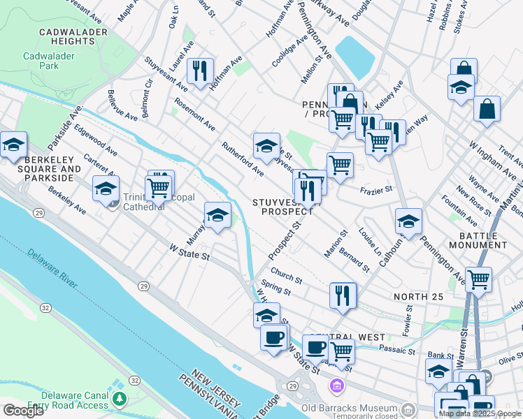map of restaurants, bars, coffee shops, grocery stores, and more near 466 Bellevue Avenue in Trenton