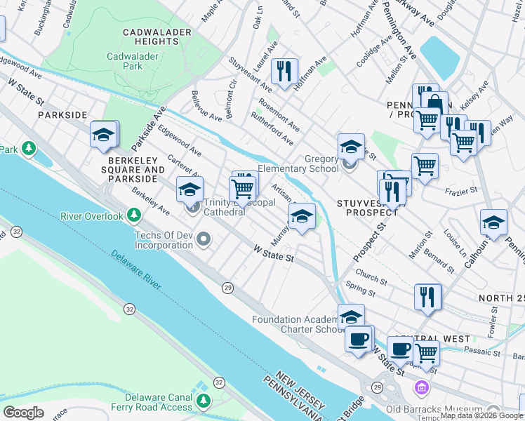 map of restaurants, bars, coffee shops, grocery stores, and more near 651 Edgewood Avenue in Trenton
