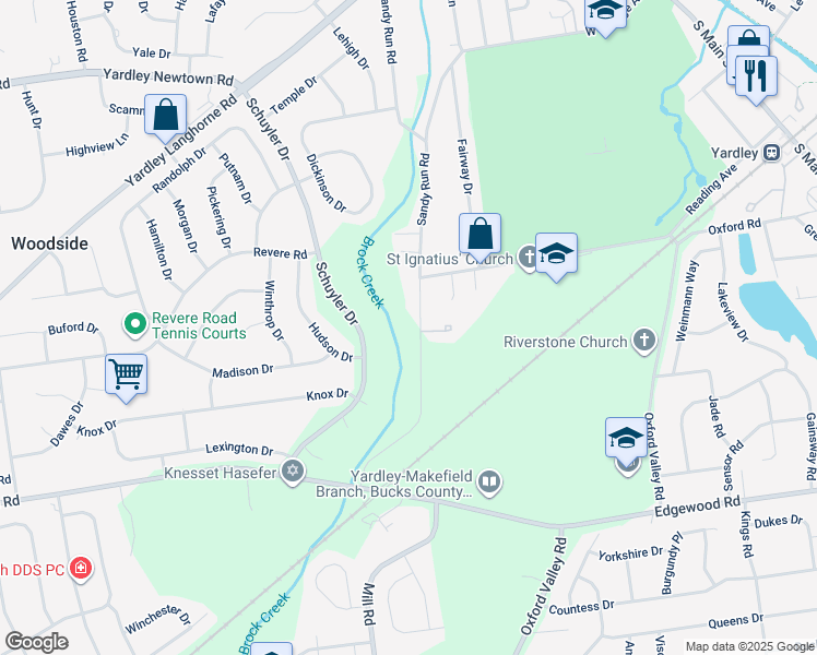 map of restaurants, bars, coffee shops, grocery stores, and more near Sandy Run Road in Yardley