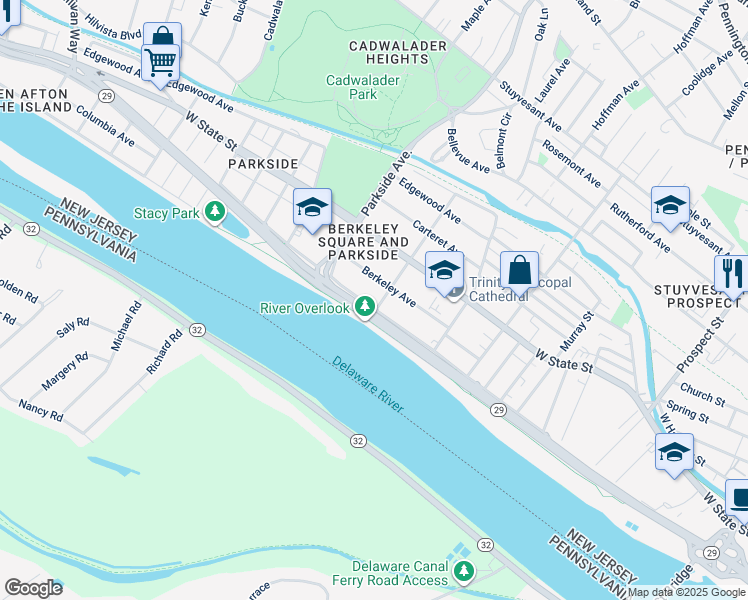 map of restaurants, bars, coffee shops, grocery stores, and more near 900 Riverside Avenue in Trenton