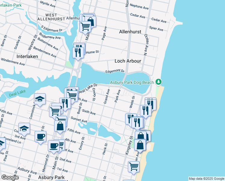 map of restaurants, bars, coffee shops, grocery stores, and more near 400 Deal Lake Drive in Asbury Park