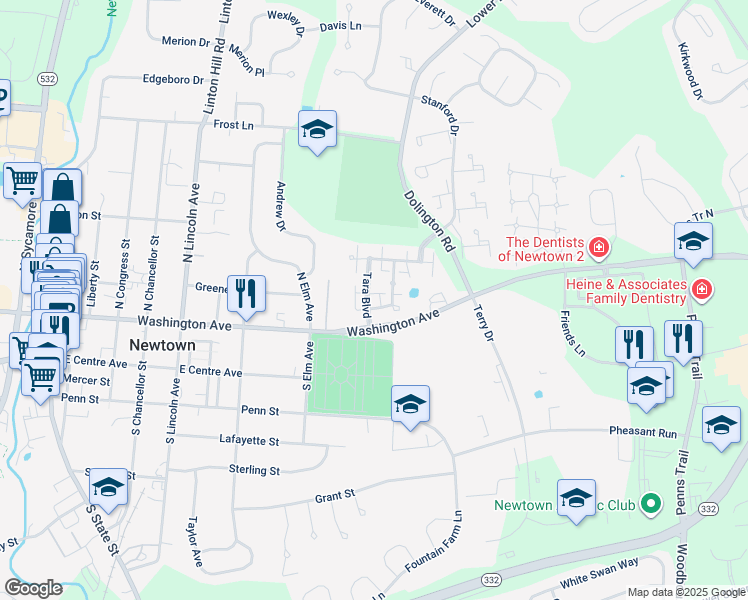 map of restaurants, bars, coffee shops, grocery stores, and more near 106 Hicks Alley in Newtown