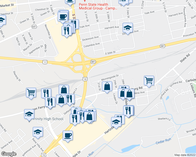 map of restaurants, bars, coffee shops, grocery stores, and more near 3100 Morningside Drive in Camp Hill