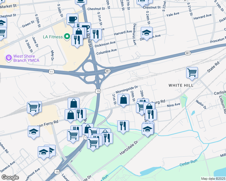 map of restaurants, bars, coffee shops, grocery stores, and more near 3100 Morningside Drive in Camp Hill