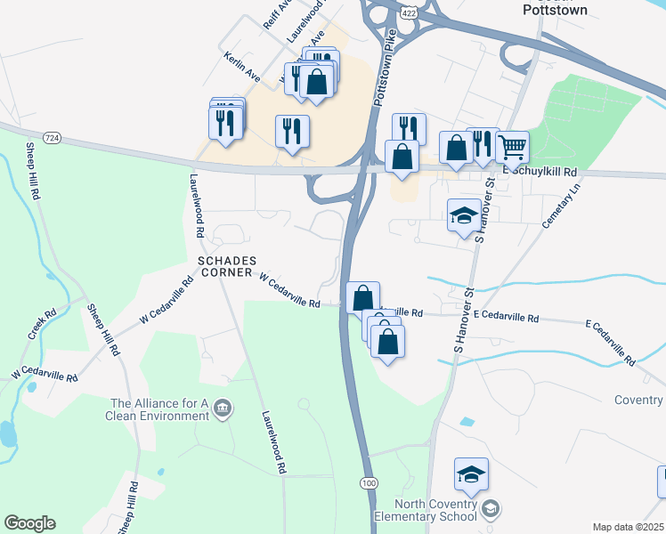 map of restaurants, bars, coffee shops, grocery stores, and more near 302 Coventry Pointe Lane in Pottstown