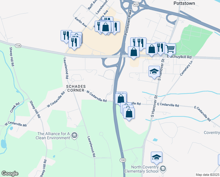 map of restaurants, bars, coffee shops, grocery stores, and more near 302 Coventry Pointe Lane in Pottstown