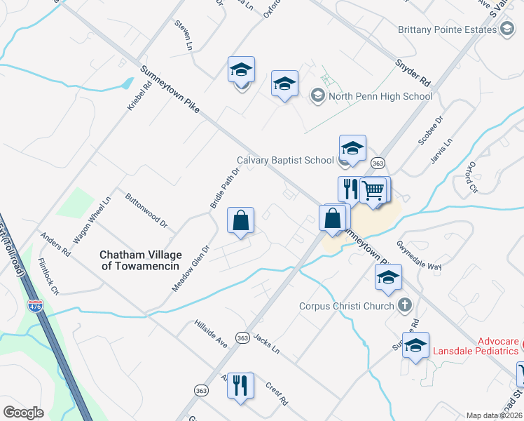 map of restaurants, bars, coffee shops, grocery stores, and more near 1115 Dogwood Court in Lansdale