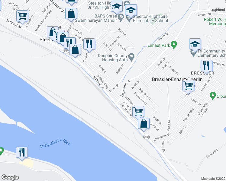 map of restaurants, bars, coffee shops, grocery stores, and more near 410 South 2nd Street in Steelton