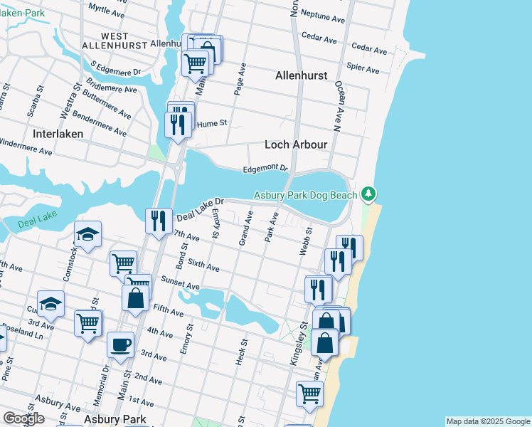 map of restaurants, bars, coffee shops, grocery stores, and more near 400 Deal Lake Drive in Asbury Park
