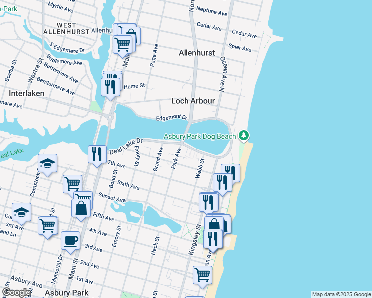 map of restaurants, bars, coffee shops, grocery stores, and more near 1 Deal Lake Court in Asbury Park
