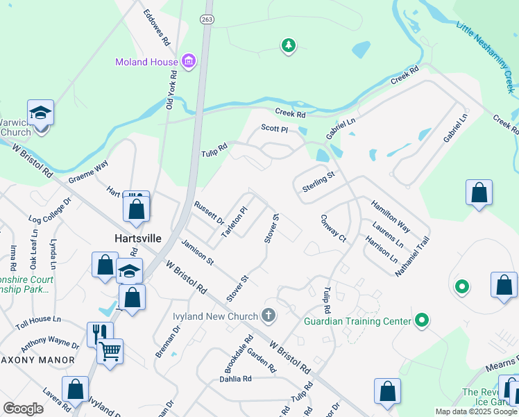 map of restaurants, bars, coffee shops, grocery stores, and more near 1554 Russett Drive in Warminster