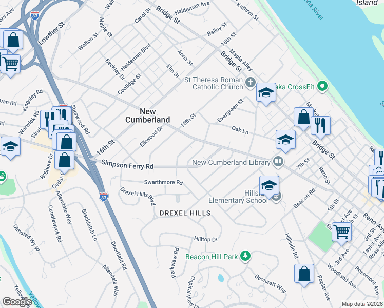 map of restaurants, bars, coffee shops, grocery stores, and more near 1108 Allen Street in New Cumberland