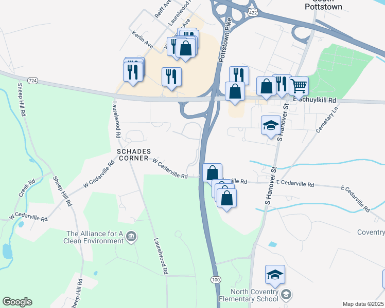 map of restaurants, bars, coffee shops, grocery stores, and more near 304 Coventry Pointe Lane in Pottstown