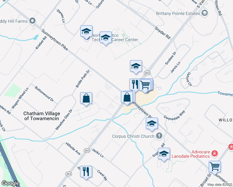 map of restaurants, bars, coffee shops, grocery stores, and more near 616 Poplar Court in Lansdale
