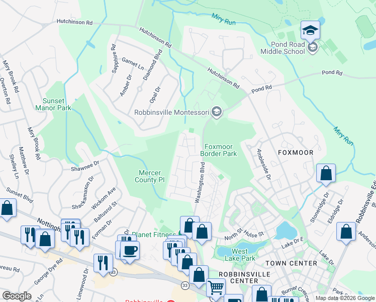 map of restaurants, bars, coffee shops, grocery stores, and more near 46 Devon Court in Robbinsville Township