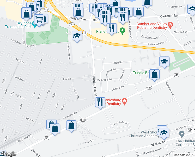 map of restaurants, bars, coffee shops, grocery stores, and more near 327 South Sporting Hill Road in Mechanicsburg