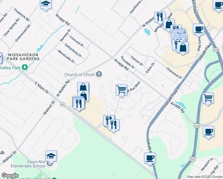 map of restaurants, bars, coffee shops, grocery stores, and more near 4305 Congress Court in North Wales