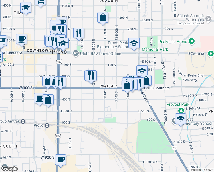 map of restaurants, bars, coffee shops, grocery stores, and more near 447 300 South in Provo