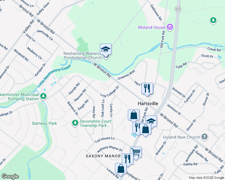 map of restaurants, bars, coffee shops, grocery stores, and more near 1272 Log College Drive in Warminster