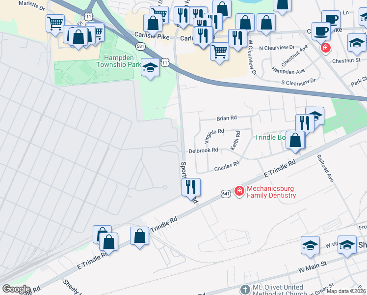 map of restaurants, bars, coffee shops, grocery stores, and more near 327 South Sporting Hill Road in Mechanicsburg