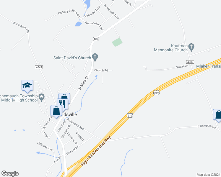 map of restaurants, bars, coffee shops, grocery stores, and more near 142 Homestead Lane in Davidsville