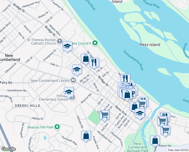 map of restaurants, bars, coffee shops, grocery stores, and more near 704 Bridge Street in New Cumberland