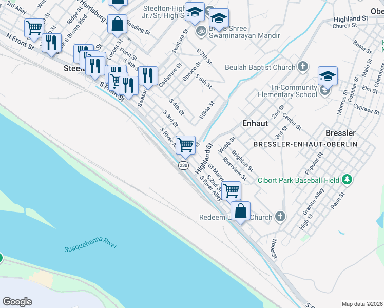 map of restaurants, bars, coffee shops, grocery stores, and more near 415 South 2nd Street in Steelton