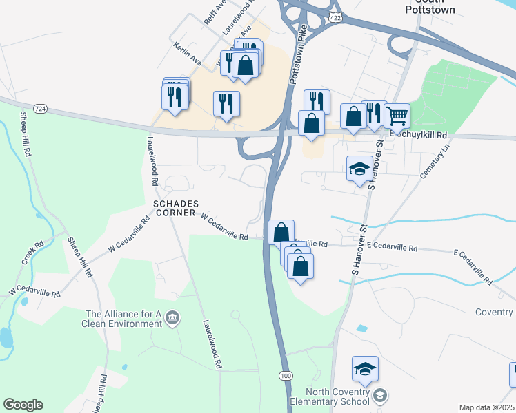 map of restaurants, bars, coffee shops, grocery stores, and more near 304 Coventry Pointe Lane in Pottstown
