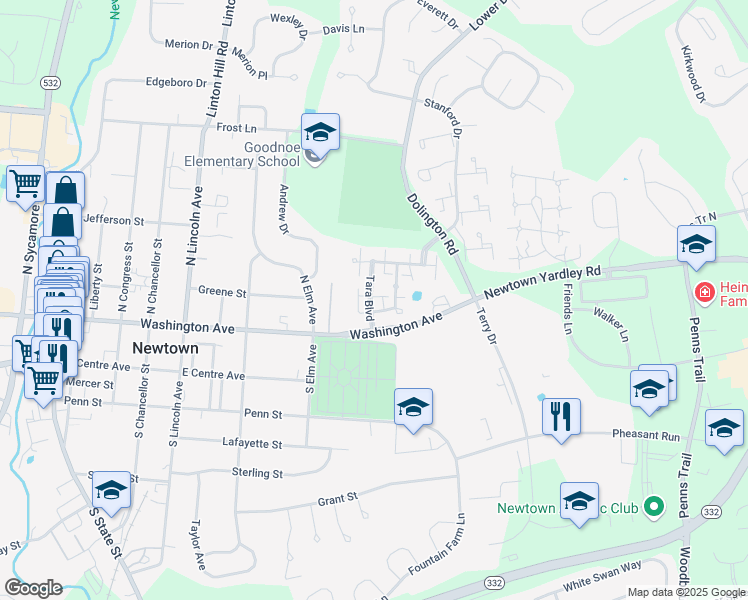 map of restaurants, bars, coffee shops, grocery stores, and more near 108 Tara Boulevard in Newtown