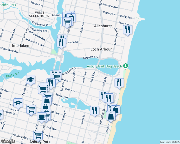 map of restaurants, bars, coffee shops, grocery stores, and more near 406 Deal Lake Drive in Asbury Park