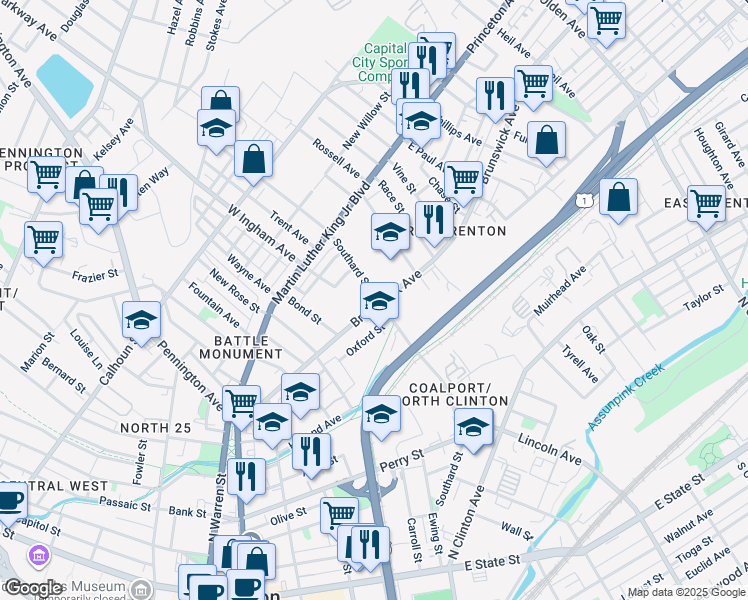 map of restaurants, bars, coffee shops, grocery stores, and more near 393 Brunswick Avenue in Trenton
