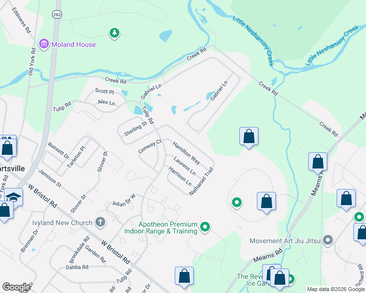 map of restaurants, bars, coffee shops, grocery stores, and more near 931 Hamilton Way in Warminster