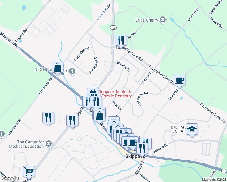 map of restaurants, bars, coffee shops, grocery stores, and more near 2032 Serendipity Way in Schwenksville