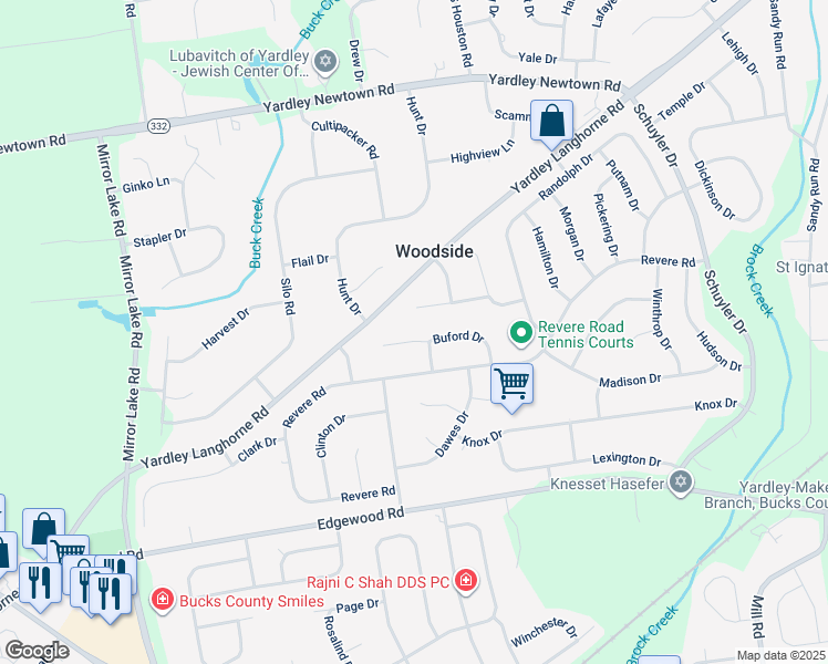 map of restaurants, bars, coffee shops, grocery stores, and more near 1416 Buford Drive in Yardley