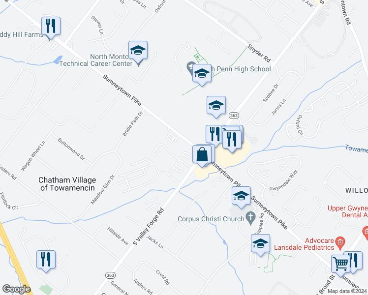 map of restaurants, bars, coffee shops, grocery stores, and more near 614 Poplar Court in Lansdale