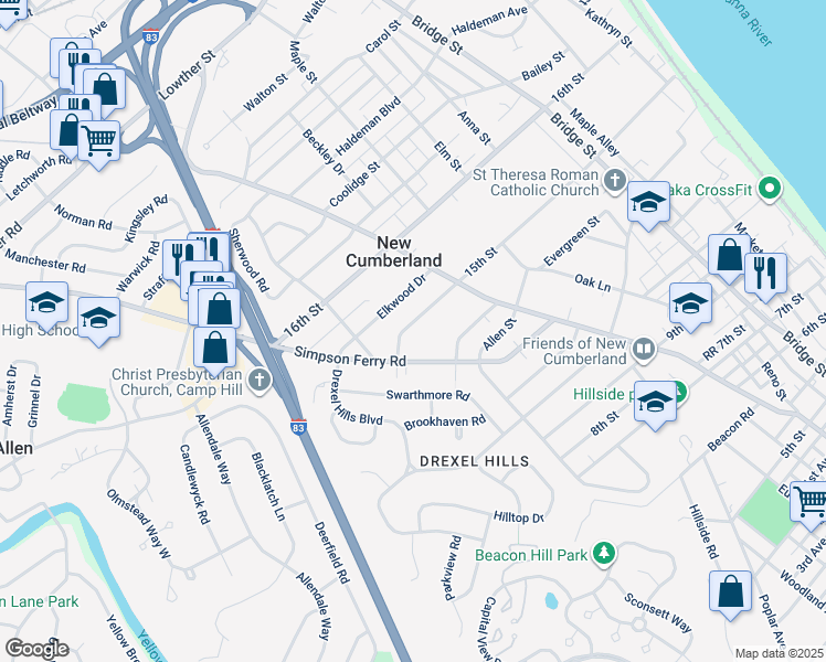 map of restaurants, bars, coffee shops, grocery stores, and more near 726 15th Street in New Cumberland