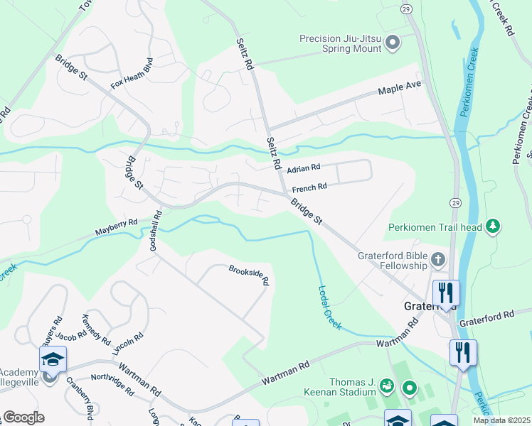 map of restaurants, bars, coffee shops, grocery stores, and more near 310 Bridge Street in Collegeville