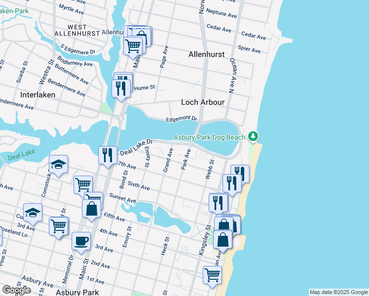 map of restaurants, bars, coffee shops, grocery stores, and more near 400 Deal Lake Drive in Asbury Park