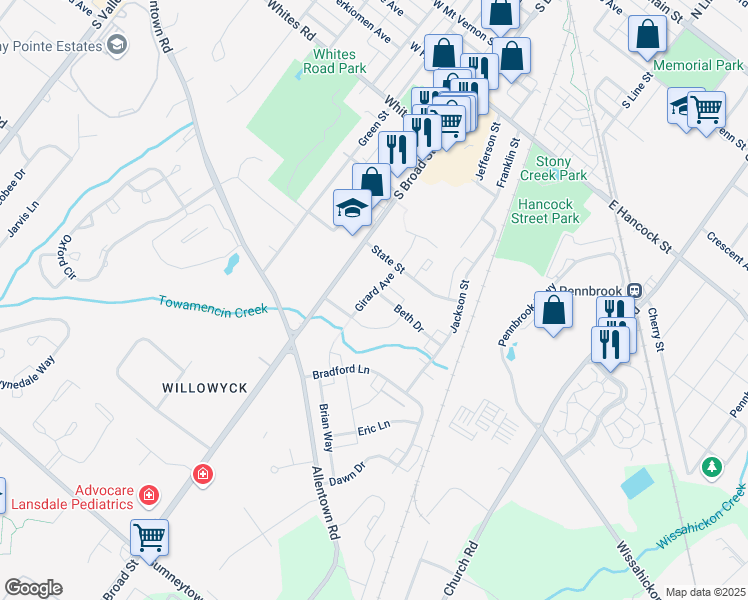 map of restaurants, bars, coffee shops, grocery stores, and more near 116 Beth Drive in Lansdale
