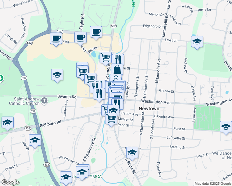 map of restaurants, bars, coffee shops, grocery stores, and more near 24 North State Street in Newtown
