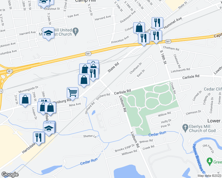 map of restaurants, bars, coffee shops, grocery stores, and more near 2012 Carlisle Road in Camp Hill