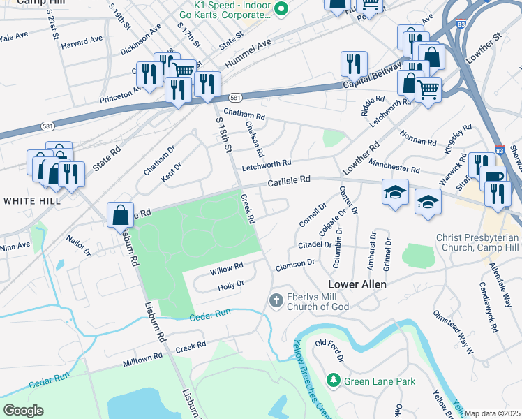 map of restaurants, bars, coffee shops, grocery stores, and more near 10 Village Road in Camp Hill