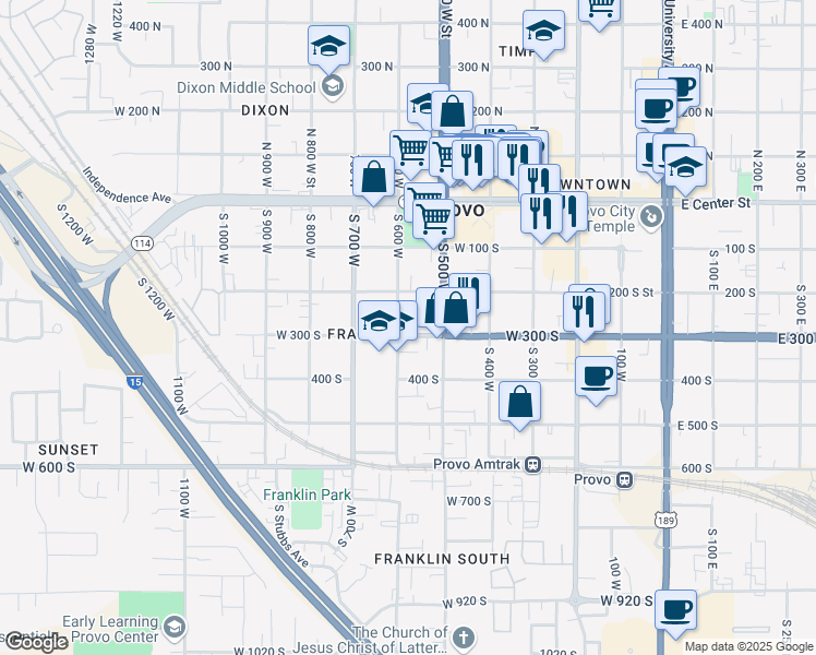 map of restaurants, bars, coffee shops, grocery stores, and more near 590 West 300 South in Provo