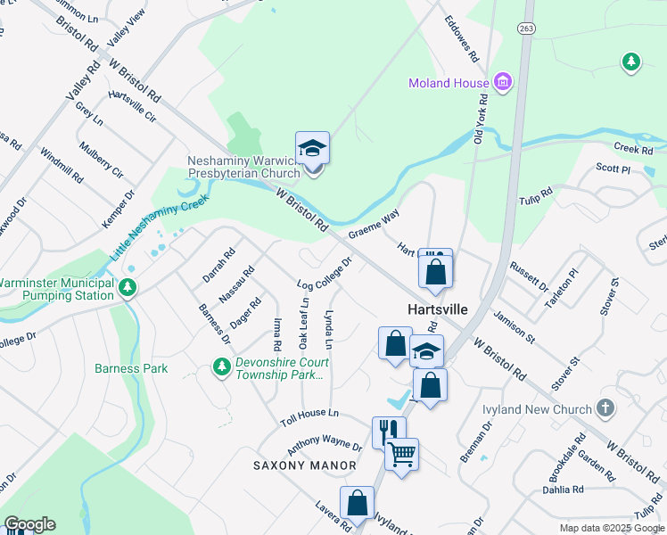 map of restaurants, bars, coffee shops, grocery stores, and more near 1272 Log College Drive in Warminster