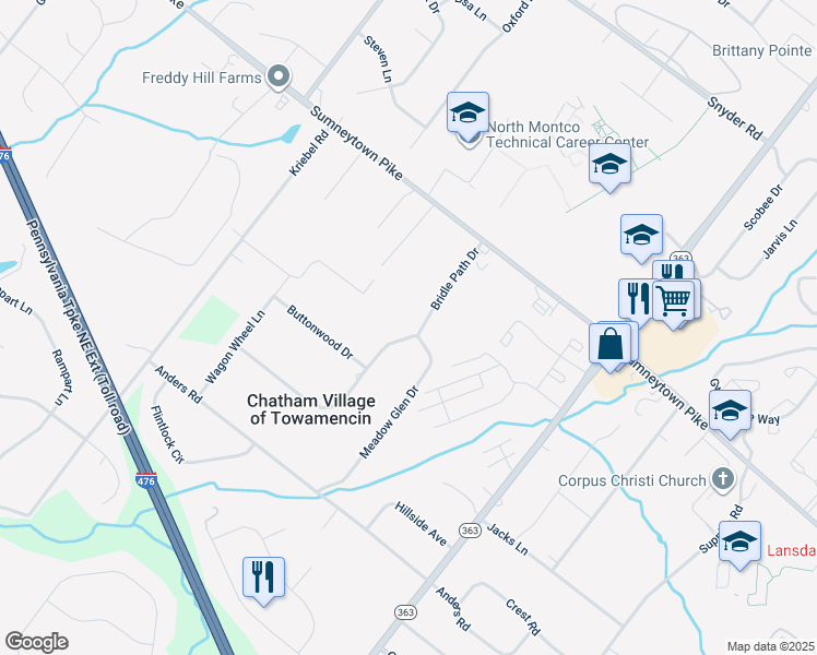 map of restaurants, bars, coffee shops, grocery stores, and more near 1590 Bridle Path Dr in Lansdale